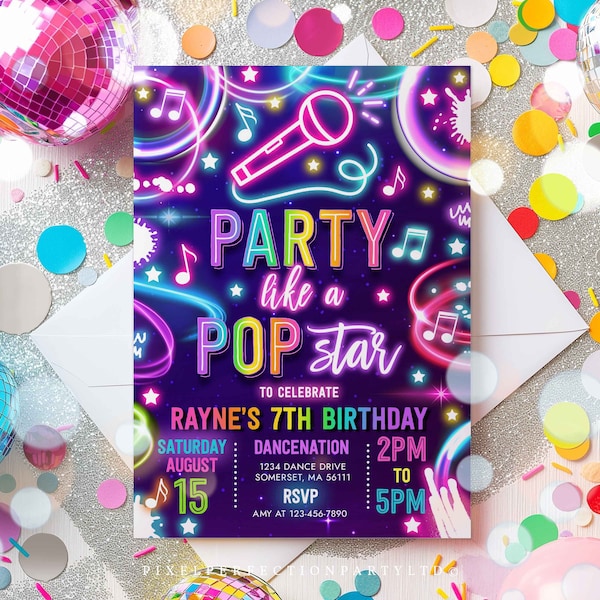 Editable Pop Star Birthday Party Invitation Neon Glow Party Like A Popstar Birthday Party Neon Glow Singing Music Party Instant Download C2