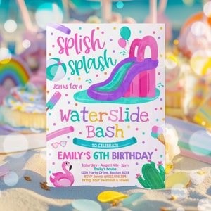 Editable Waterslide Birthday Party Invitation Water Slide Bash Summer Pool Party Girly Pink Pool Party BBQ Pool Party Instant Download AR