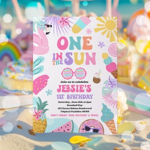 Editable One In The Sun 1st Birthday Party Invitation Tropical Summer Splish Splash Girly 1st Birthday Party Pool Party Instant Download 4RE