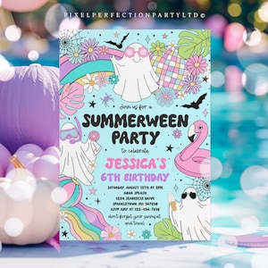 May include: A blue and pink invitation for a Summerween party to celebrate Jessica's 6th birthday. The invitation features a ghost, a flamingo float, and a rainbow. The text on the invitation reads: "Join us for a Summerween Party to celebrate Jessica's 6th Birthday. Saturday, August 12th at 2PM Aqua Splash 1234 Seabreeze Drive Sparkletown, MA 567890 RSVP Amy at 123-456-7890 Don't forget your swimsuit and towel."