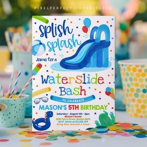 Editable Waterslide Birthday Party Invitation Water Slide Bash Summer Pool Party Boy Blue Pool Party BBQ Pool Party Instant Download AX