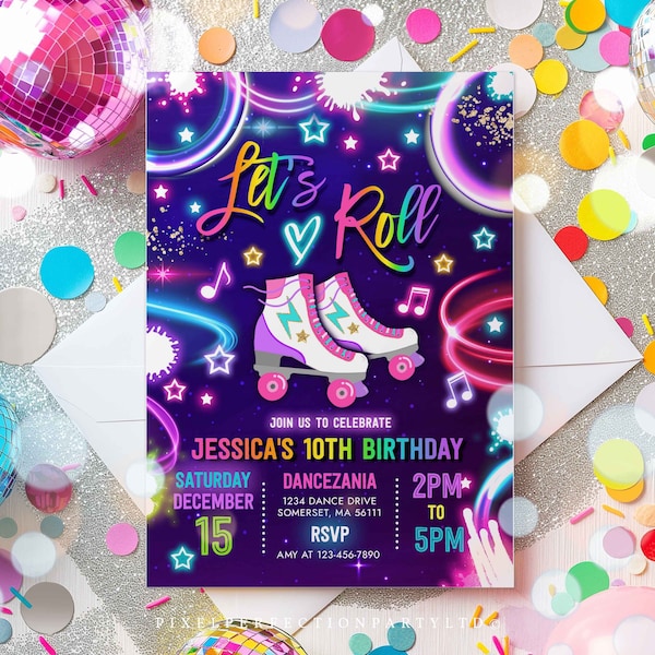 Editable Roller Skating Invitation Neon Glow Roller Skating Party Invite Glow Roller Rink Party Neon Glow Skate Party Instant Download I3