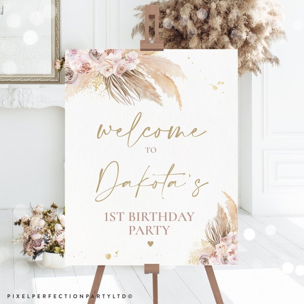 Editable Pampas Grass Boho Birthday Welcome Sign Bohemian Birthday Party Muted Earthy Tone Birthday Party Desert Party Instant Download PG