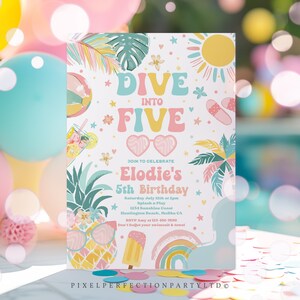 Editable Dive Into Five 5th Birthday Party Invitation Tropical Summer Splish Splash Girly Pool Birthday Party Instant Download 4RA