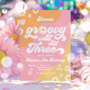Editable Groovy Wild And Three 3rd Birthday Invitation Boho Daisy Wild & Three Groovy Hippie Floral 70&#39;s Hippie Party Instant Download J1