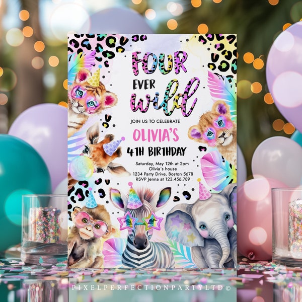 Editable Four Ever Wild Safari Animals Birthday Invitation Pastel Rainbow Cheetah Print Safari Animals Birthday Party Invite Download XQ