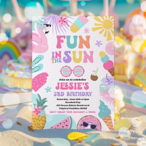 Editable Fun In The Sun Birthday Party Invitation Tropical Summer Splish Splash Girly Pool Birthday Party Instant Download 4RE