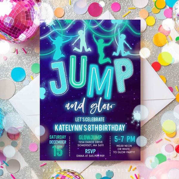 Editable Glow Jump Invitation Neon Jump Birthday Invite Jump And Glow Party Bounce House Glow In The Dark Jump Party Instant Download GJ