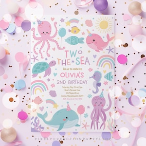 Editable Two The Sea 2nd Birthday Party Invitation Cute Sea Creatures 2nd Birthday Turtle Whale Narwhal Party Instant Download SR4