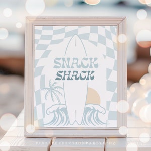Surfing Surf Snack Shack Sign Modern Checkered Surfboard Birthday Party Decor The Big One Surf&#39;s Up Party Decor Sign Instant Download AW