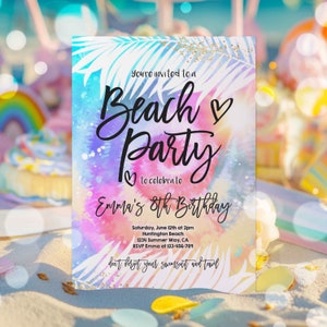 Editable Beach Party Invitation Girly Tie Dye Beach Party Invitation Beach Birthday Party Summer Swimming Beach Party Instant Download RK