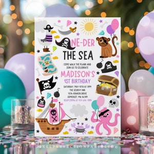 Editable One-der The Sea Girl Pirate 1st Birthday Party Invitation Pink Pirate Ship Invite Pirate Treasure Birthday Instant Download SAZ