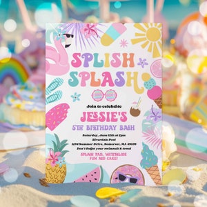 Editable Tropical Splish Splash Water Birthday Party Invitation Girly Splash Pad Water Slide Paddling Pool Summer Party Instant Download 4RE