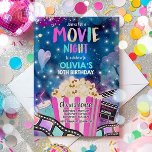 EDITABLE Movie Night Birthday Invitation Movie Birthday Party Invitation Movie Sleepover Party Popcorn Movie Party  Instant Download LK