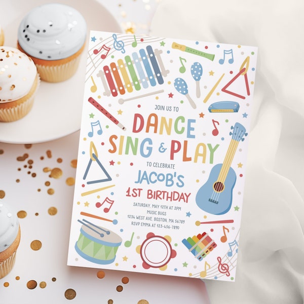 Editable Music Birthday Party Invitation Kids Musical Instruments Birthday Party Sing Dance And Play 1st Birthday Party Instant Download AQE