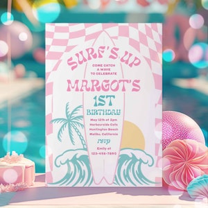Editable Surf Birthday Party Invitation Girl Surf&#39;s Up Birthday Party Modern Pink Checkered Surfboard Beach Party Instant Download SU3