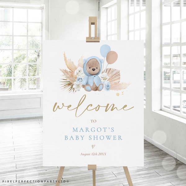Editable Boho Teddy Bear Baby Shower Welcome Sign Bohemian Pampas Grass Boy Blue Boho Muted Tone Teddy Bear Baby Shower Instant Download KP