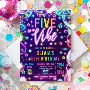 Editable Five Is A Vibe 5th Birthday Party Invitation Five Is A Vibe Neon Glow Birthday Party Girl Glow 5th Birthday Instant Download TR1