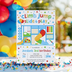 以下が含まれることがあります： 遊び場での子供の誕生日パーティーのカラフルな招待状。招待状には、滑り台、クライミングウォール、ボールプールのある遊び場の漫画のイラストが描かれています。招待状のテキストには、「Climb Jump Slide & Play」と「Jordan's 3rd Birthday」と書いてあります。