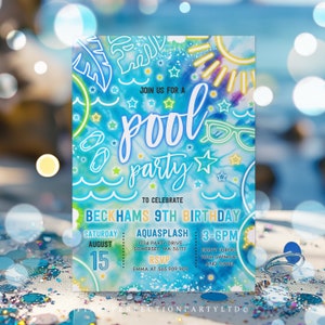 May include: A blue and green tie-dye invitation for a pool party to celebrate Beckham's 9th birthday. The invitation features a pool, sunglasses, and stars. The party is on Saturday, August 15th from 3-6pm at 1234 Party Drive, Somerset, MA 56111. RSVP to Emma at 565.909.909.