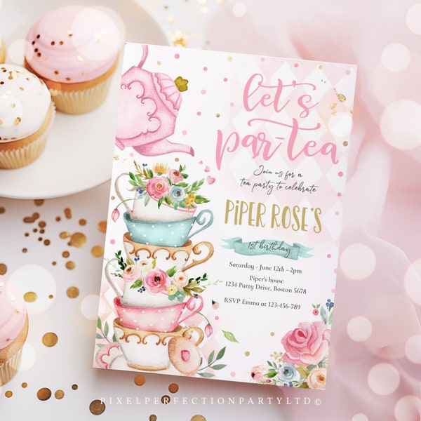 Editable Tea Party Birthday Invitation Pink & Gold Floral Par-Tea Birthday Invite Pink Gold Floral Whimsical Tea Party Instant Download TR