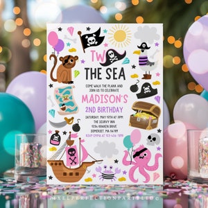 Editable Two The Sea Girl Pirate 2nd Birthday Party Invitation Pink Pirate Ship Invite Pirate Treasure Birthday Instant Download SAZ