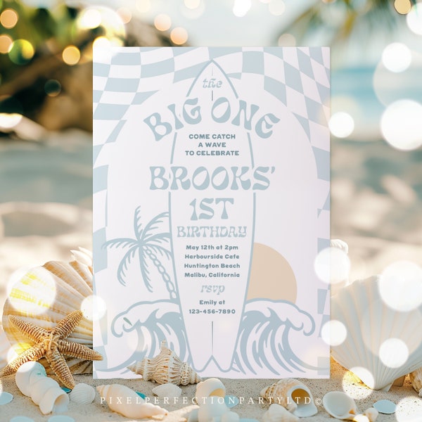 Editable The Big One Surf 1st Birthday Party Invitation Modern Minimal Checkered Surfboard Beach 1st Birthday Party Instant Download AW