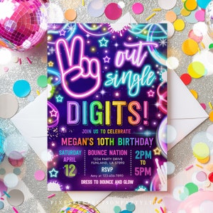 Editable Peace Out Single Digits Birthday Party Invitation Neon Glow Peace Out Single Digits 10th Birthday Party Instant Download TR1