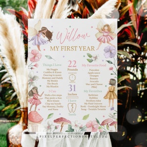 Editable Fairy Birthday Milestone Poster Whimsical Enchanted Magical Floral Fairy Princess 1st Birthday Stats Sign Instant Download SF