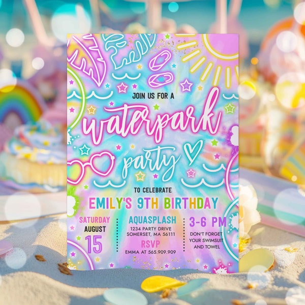 Editable Water Park Birthday Party Invitation Glow Neon Tie Dye Summer Water Slide Splash Pad Water Park Birthday Party Instant Download Y3