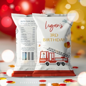 Editable Fire Truck Birthday Party Chip Bag Wrapper Firefighter Birthday Party Decorations Sound the Alarm Party Favors Instant Download SQ1