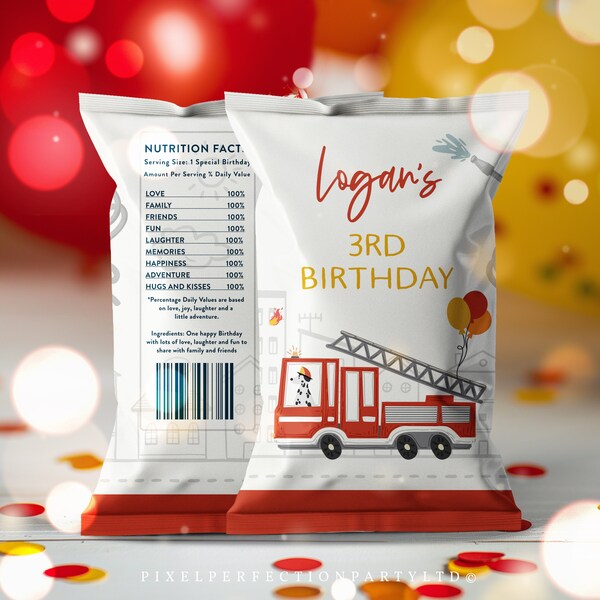 Editable Fire Truck Birthday Party Chip Bag Wrapper Firefighter Birthday Party Decorations Sound the Alarm Party Favors Instant Download SQ1