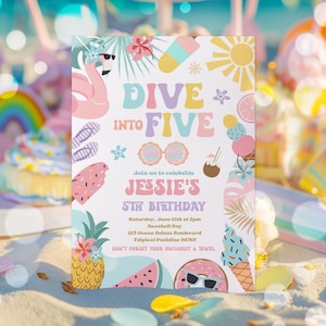 Editable Dive Into Five 5th Birthday Party Invitation Tropical Summer Splish Splash Girly Pool Birthday Party Instant Download FK