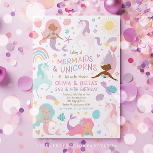 Editable Mermaid And Unicorn Birthday Party Invitation Cute Girly Magical Mermaid And Unicorn Sibling Birthday Party Instant Download S4
