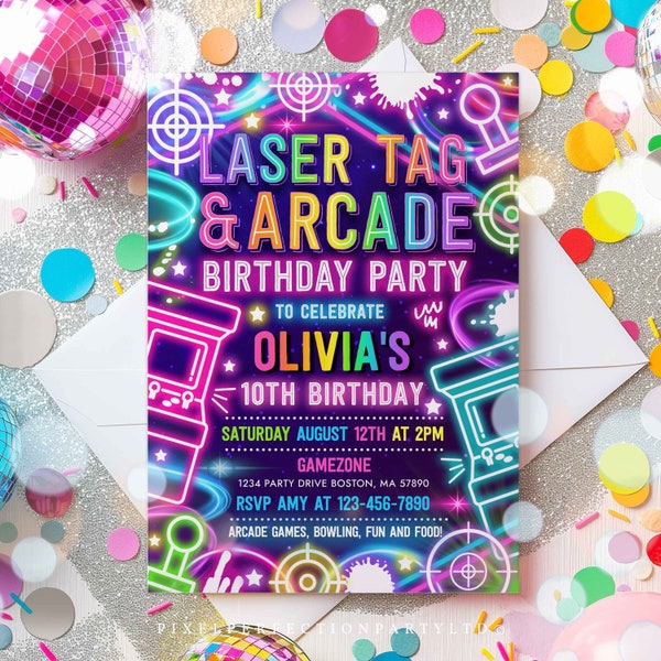 Editable Laser Tag Arcade Birthday Party Invitation Neon Glow Laser Tag And Video Gaming Party Neon Glow Gaming Party Instant Download A1