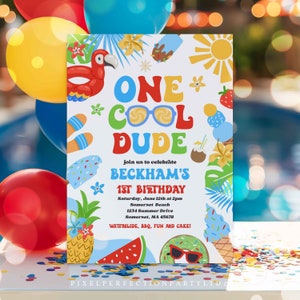 Editable One Cool Dude Birthday Party Invitation Tropical Splish Splash Summer Boy 1st Birthday Party Pool Party Instant Download SQ9