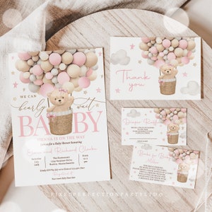 Editable Girl Pink Teddy Bear Hot Air Balloon Baby Shower Invitation Diaper Raffle Book Card Thank You Card Bundle Suite Instant Download 5H