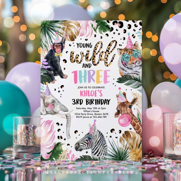 Editable Young Wild And Three Leopard Print Safari Animals Birthday Party Invitation Leopard Print Wild And Three Birthday Party Download DL