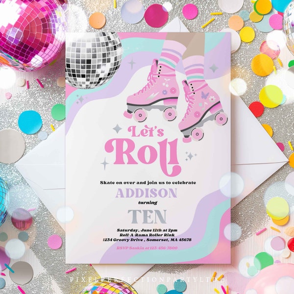 Editable Roller Skating Birthday Party Invitation Groovy Retro Roller Skating Birthday Party 70s Roller Rink Birthday Instant Download F8