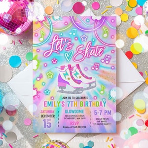 Editable Ice Skating Invitation Tie Dye Ice Skating Party Invite Glow Tie Dye Ice Skating Party Neon Glow Skating Party Instant Download T8U