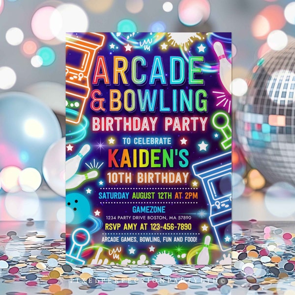 Editable Arcade Bowling Birthday Party Invitation Neon Glow Video Gaming And Bowling Party Neon Glow Gaming Party Instant Download CM