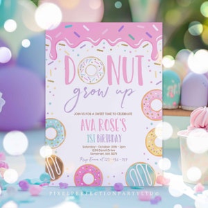 Editable Donut Grow Up Birthday Invitation Pink Pastel Donut Grown Up Party Invitation Donut 1st Birthday Party Instant Download E2