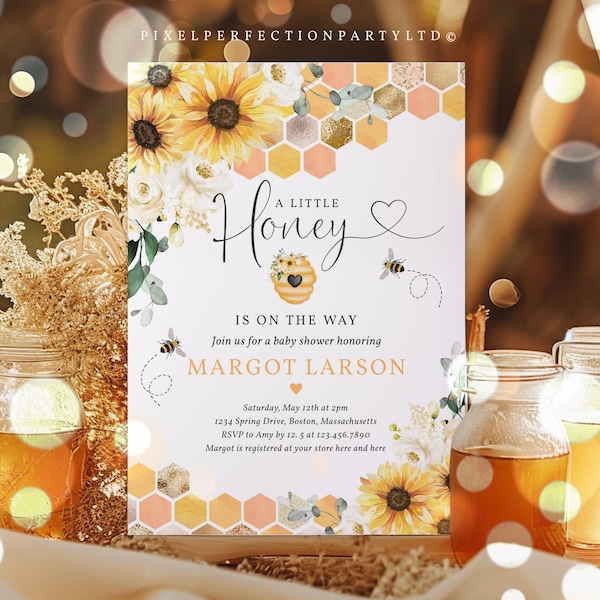 Editable A Little Honey Is On The Way Bee Baby Shower Invitation Sunflower Bee Baby Shower Gender Neutral Bee Baby Shower Instant File BQ