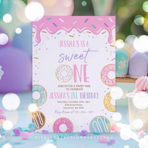 Editable Donut Sweet One Birthday Invitation Girl Donut 1st Birthday Party Pink Pastel Donut Birthday Party Sweet One Instant Download E2