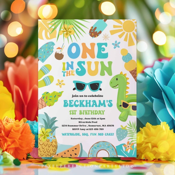 Editable One In The Sun 1st Birthday Party Invitation Tropical Summer Splish Splash Boy 1st Birthday Party Pool Party Instant Download SQ8