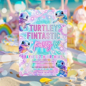 Editable Sea Turtle Birthday Party Invitation Tie Dye Neon Glow Turtley Fintastic Under The Sea Rainbow Birthday Party Instant Download F2