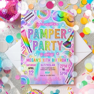 Editable Pamper Party Birthday Invitation Neon Glow Pamper Spa Party Invitation Glitz and Glam Makeup Neon Glow Party Instant Download T8U
