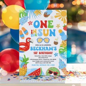 Editable One In The Sun 1st Birthday Party Invitation Tropical Summer Splish Splash Boy 1st Birthday Party Pool Party Instant Download SQ9