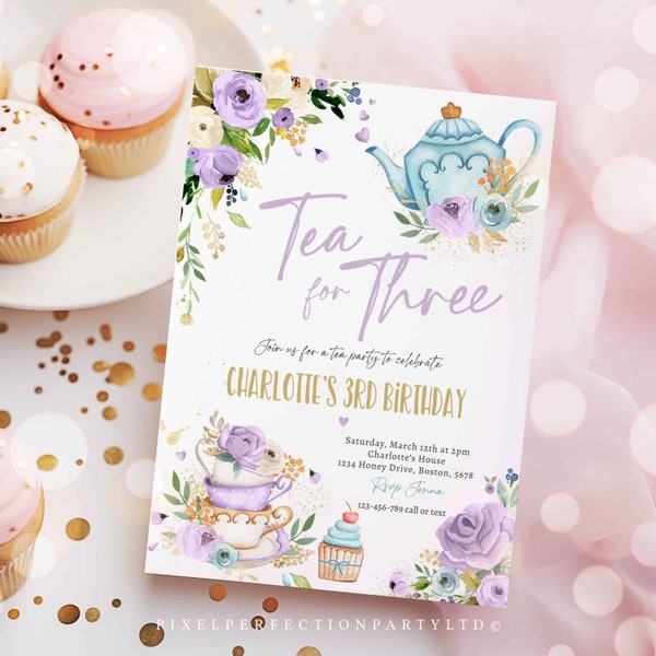 Editable Tea For Three Birthday Invitation Tea For Three 3rd Birthday Party Purple Gold Floral Whimsical Tea Party Instant Download 47