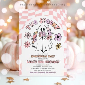Editable Two Spooky Halloween Ghost 2nd Birthday Invitation Retro Groovy Pink Ghost Halloween Birthday Party Instant Download UW8